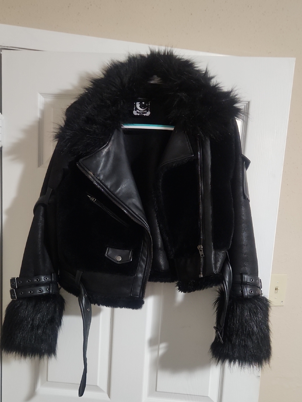Killstar Black Faux Fur Trim Moto Coat